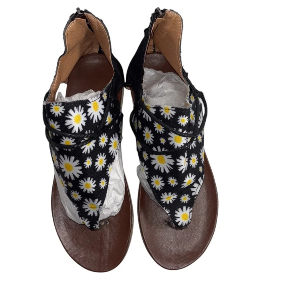 Boho Gladiator Sandals Sunflower Print Thong Flat Ankle Strap Women’s Size 8.5